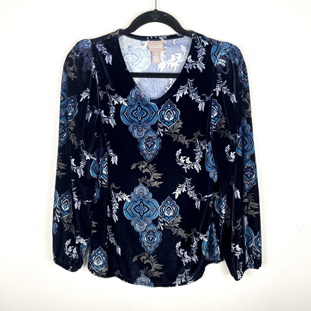 Chicos Bicolor Medallion Velvet Long Puff Sleeve Top Size S Navy Blue V Neck